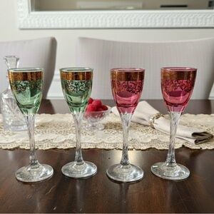 Vintage Bohemian Czech Cordials Gold Overlay Twisted Stem Set Of 4